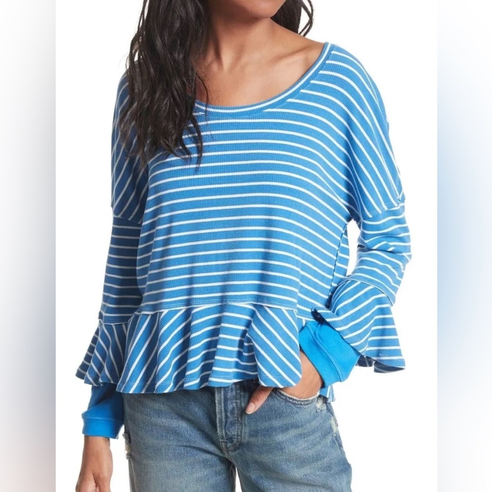 Free People Roundabout Striped Ruffle Trim Knit Top Blue White Peplum Size Small